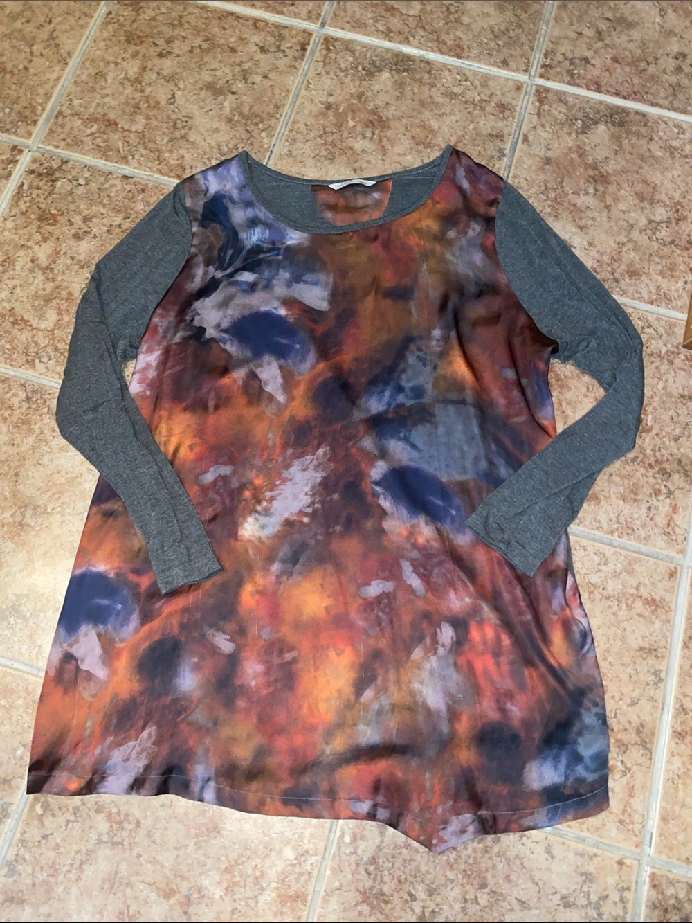 Brown Sleeve Tie-Dye Long Sleeve Dress - Multi-Color 25” W x 31”L